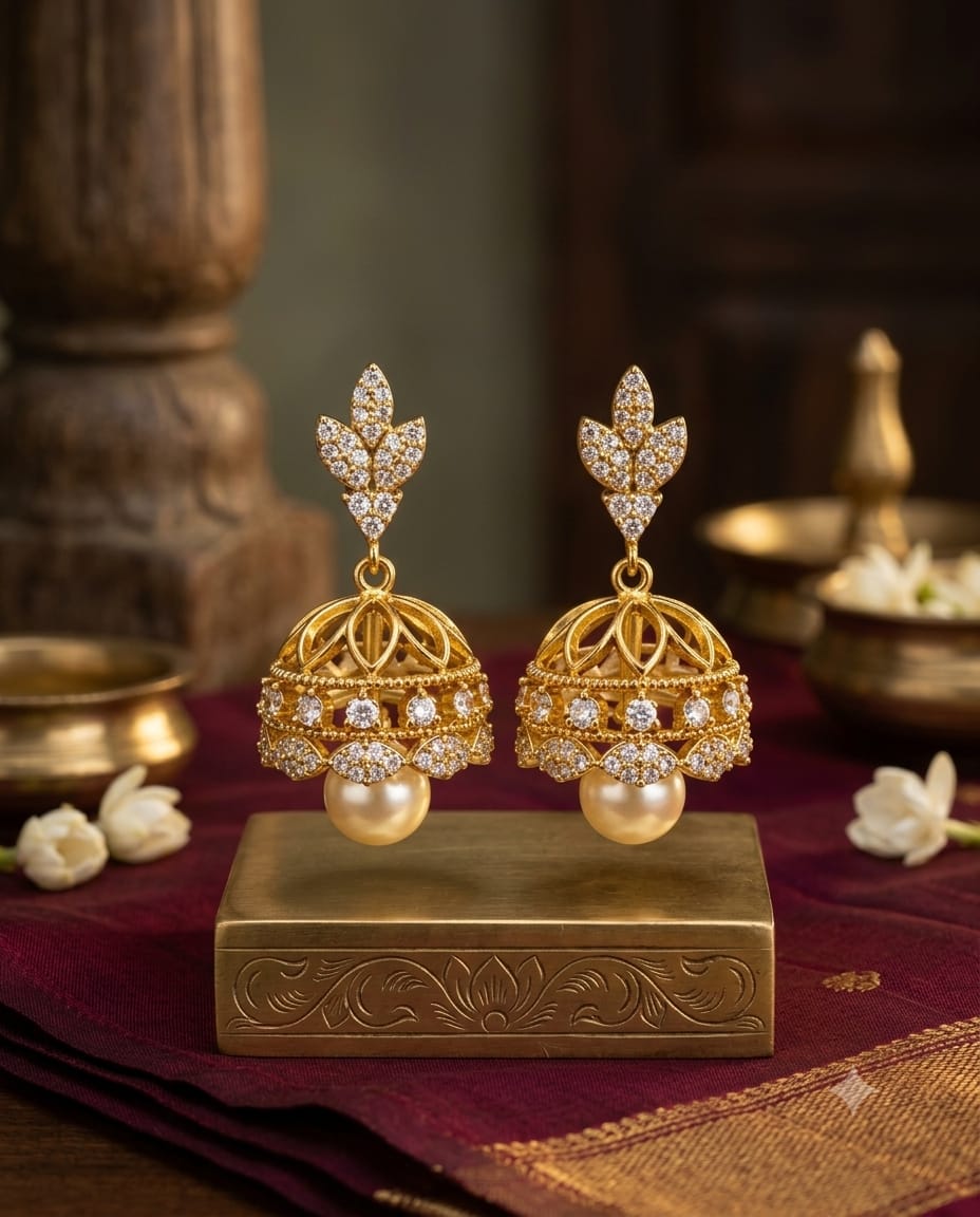 Gold Finish Stone Studded Dome Jhumka Earrings