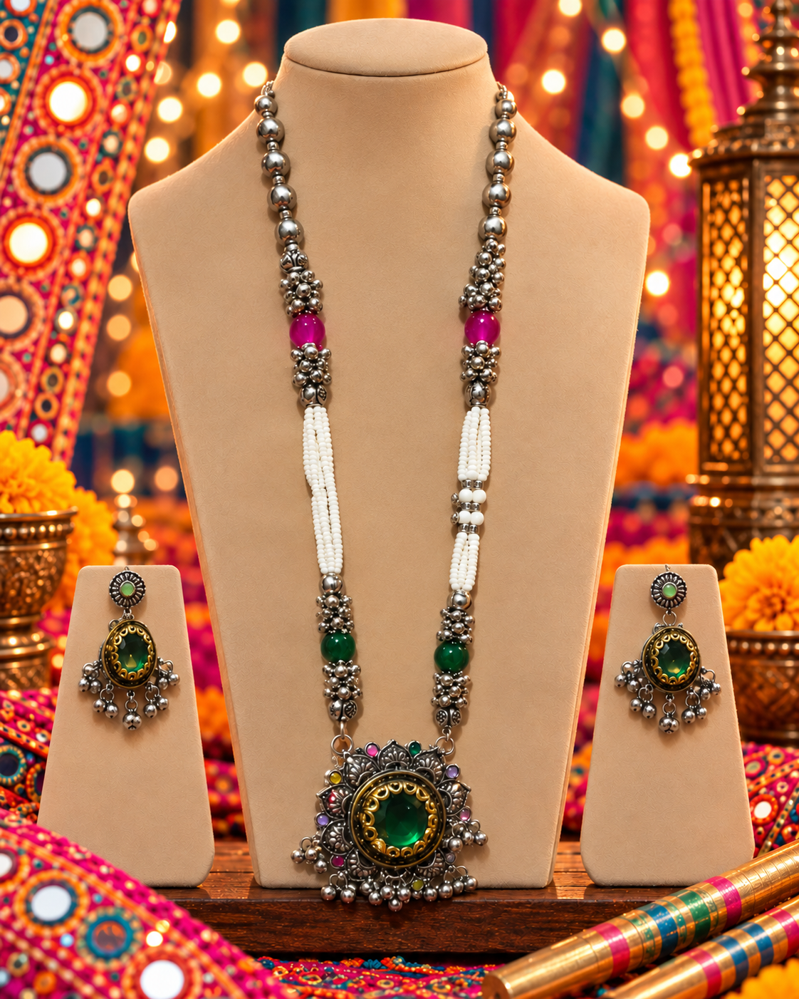 Oxidised Green Stone Necklace Set