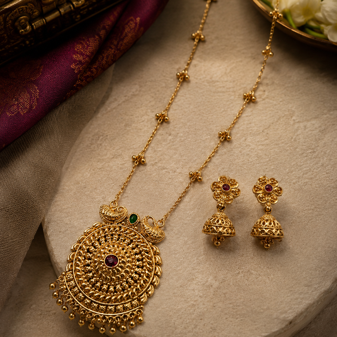 Red Stone Round Gold Tone Pendant Necklace Set