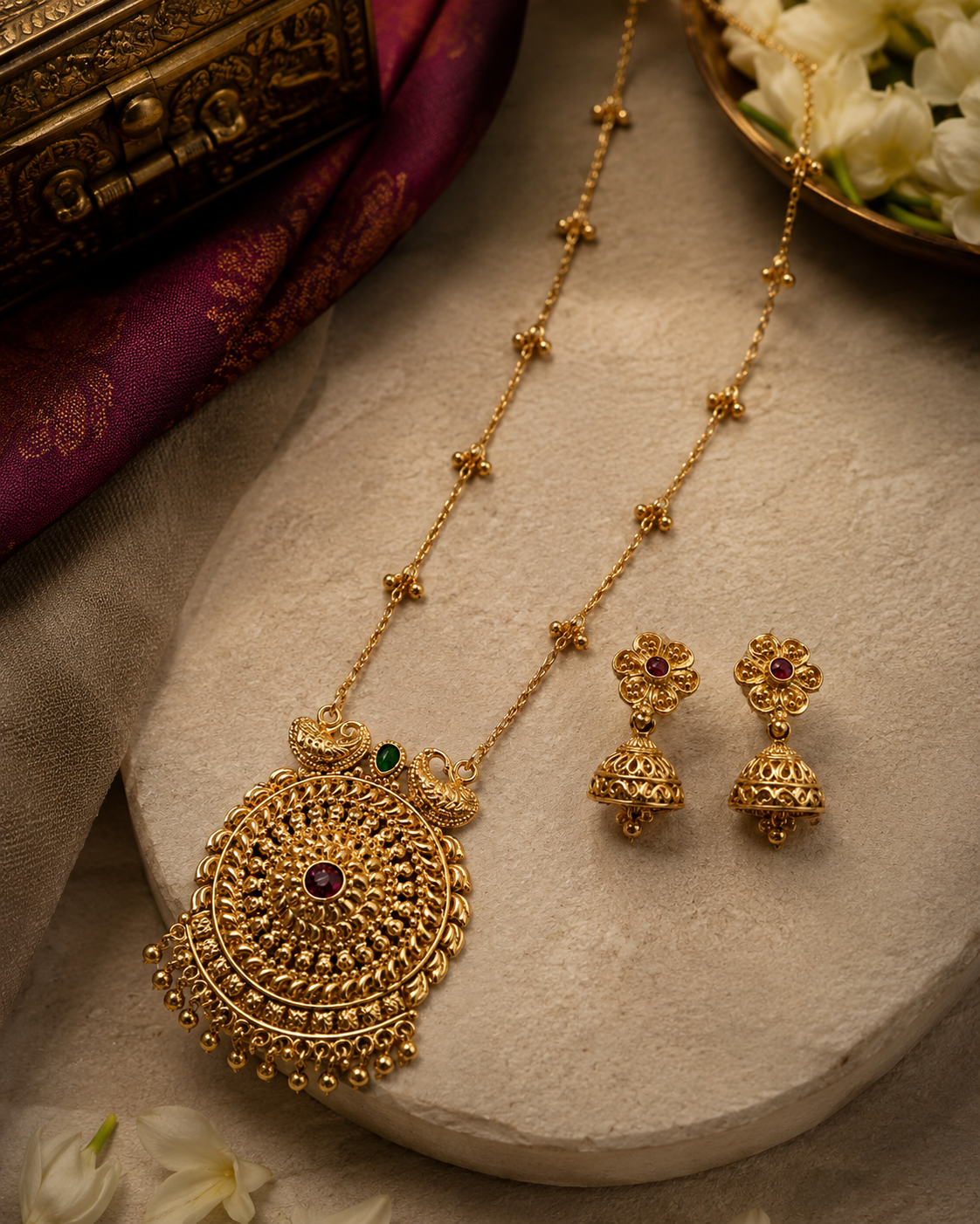 Red Stone Round Gold Tone Pendant Necklace Set