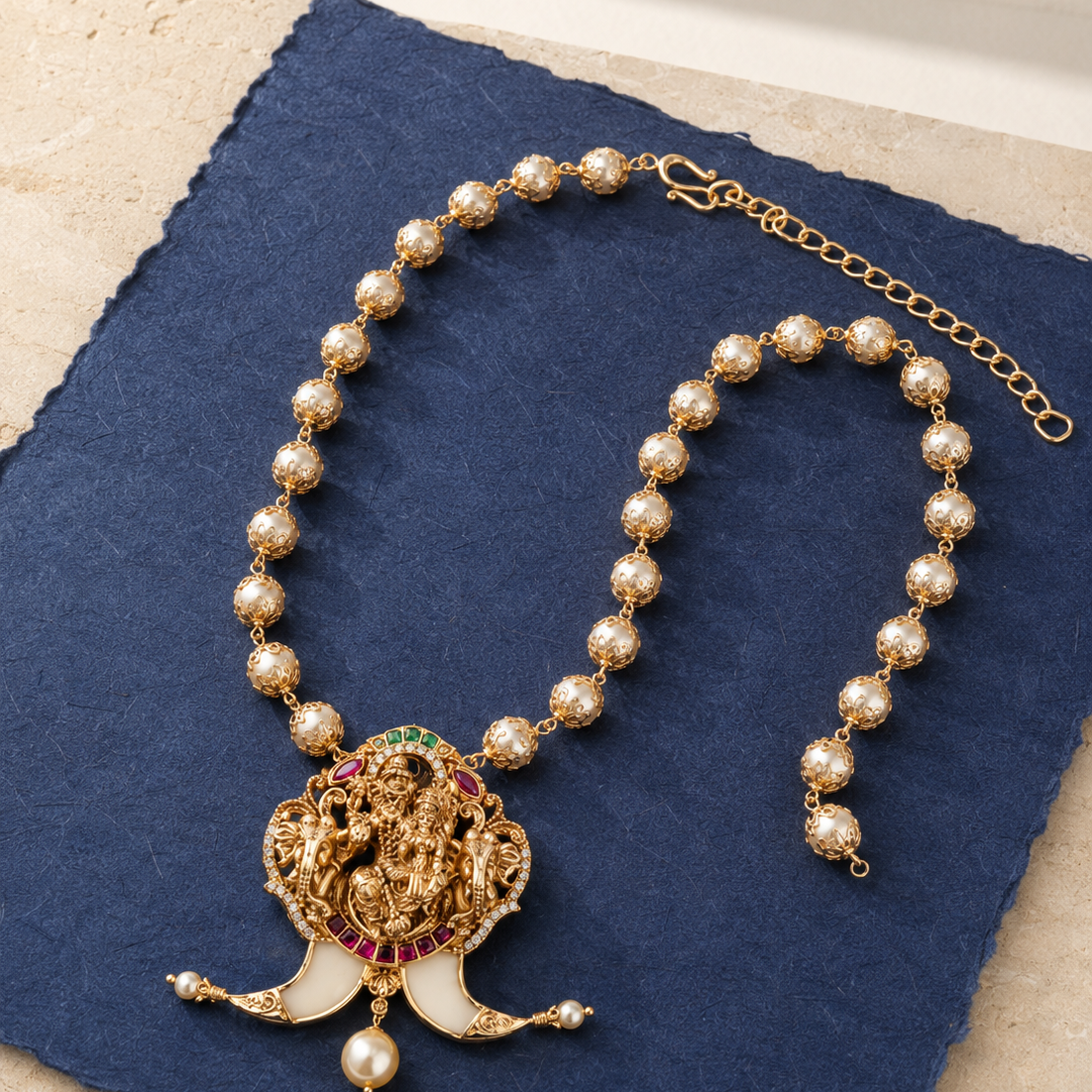 Pearl Beaded Chain Lakshmi Devi Gold Plated Pendant Necklace