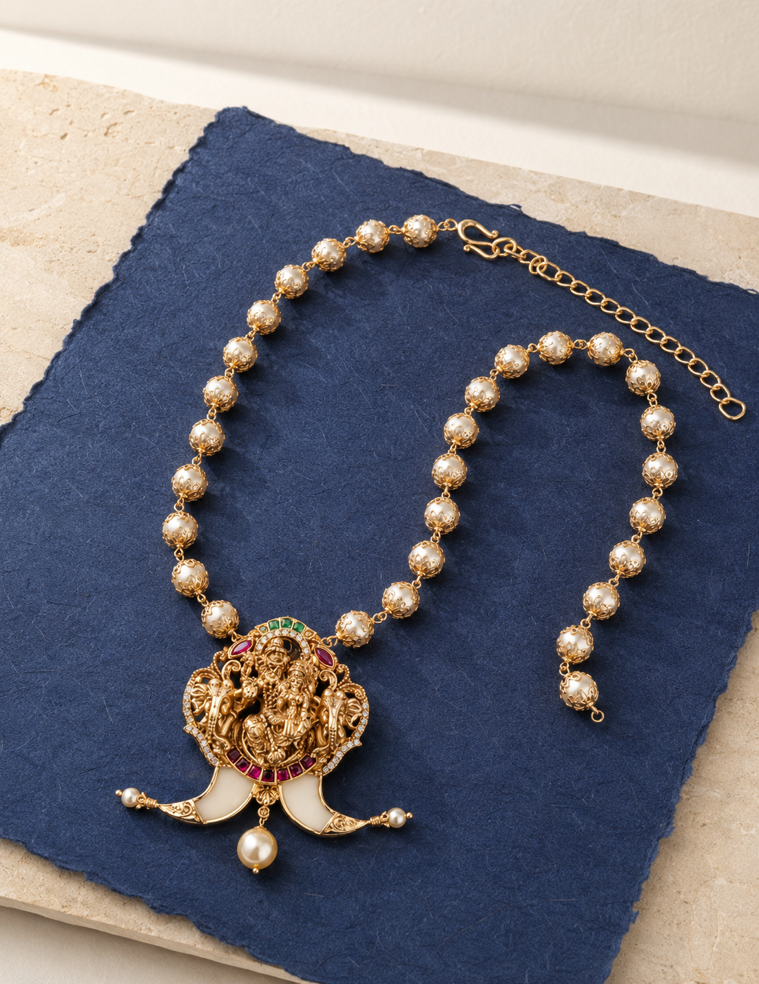 Pearl Beaded Chain Lakshmi Devi Gold Plated Pendant Necklace