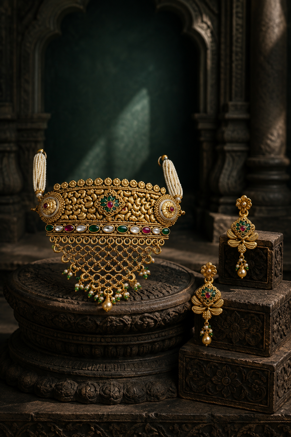 Rajwadi Floral Pearl Choker with Green Bead Drops