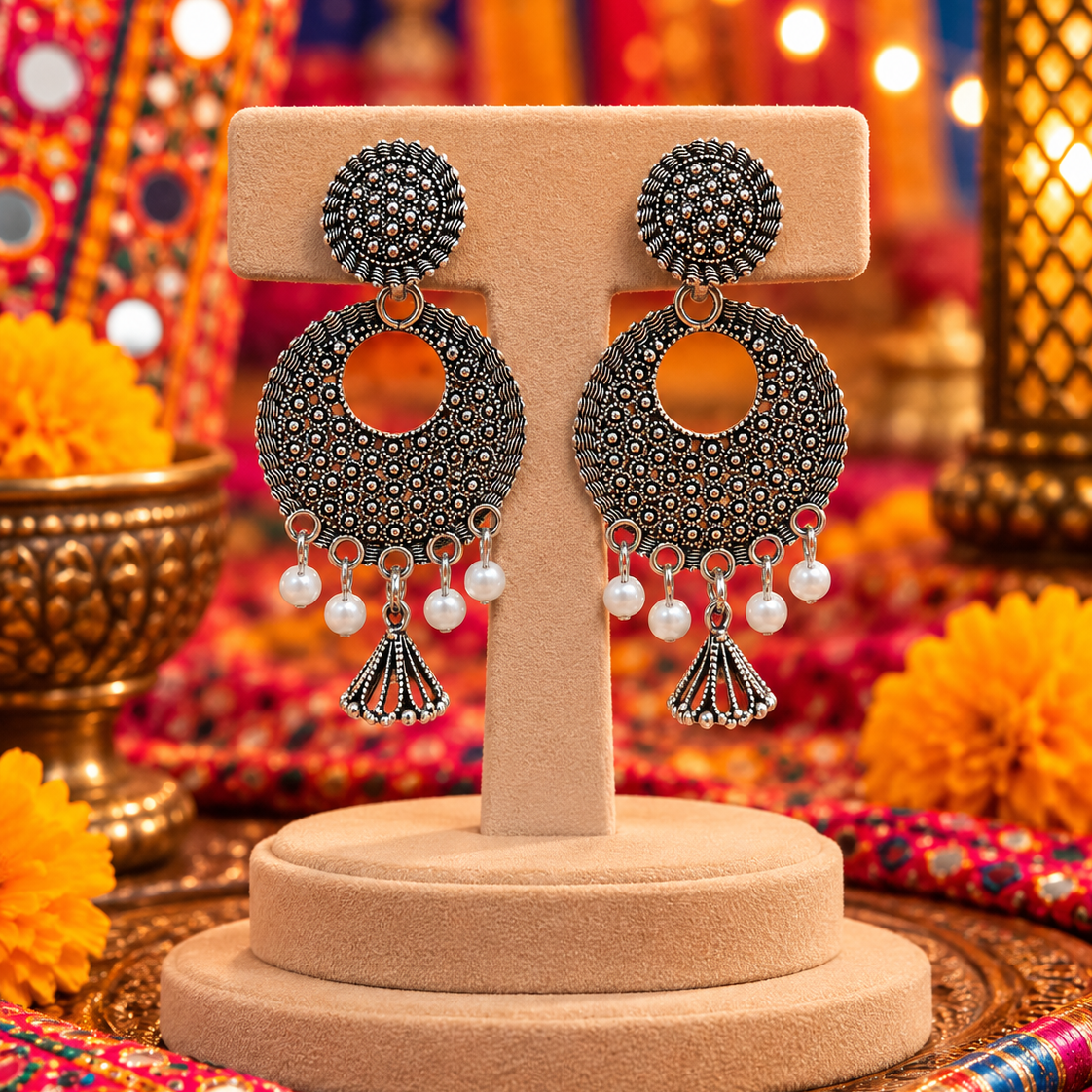 Oxidised Round Drop Earrings