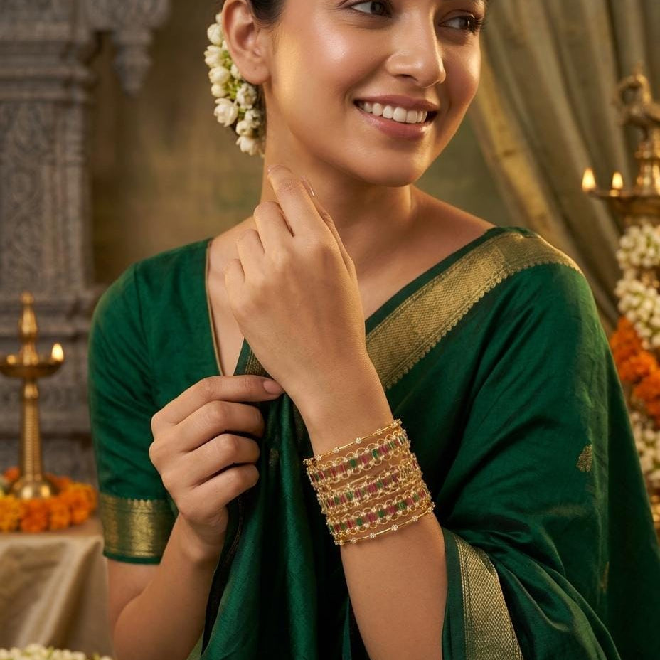 Gold Plated Pink Green Stone Layered Bangle
