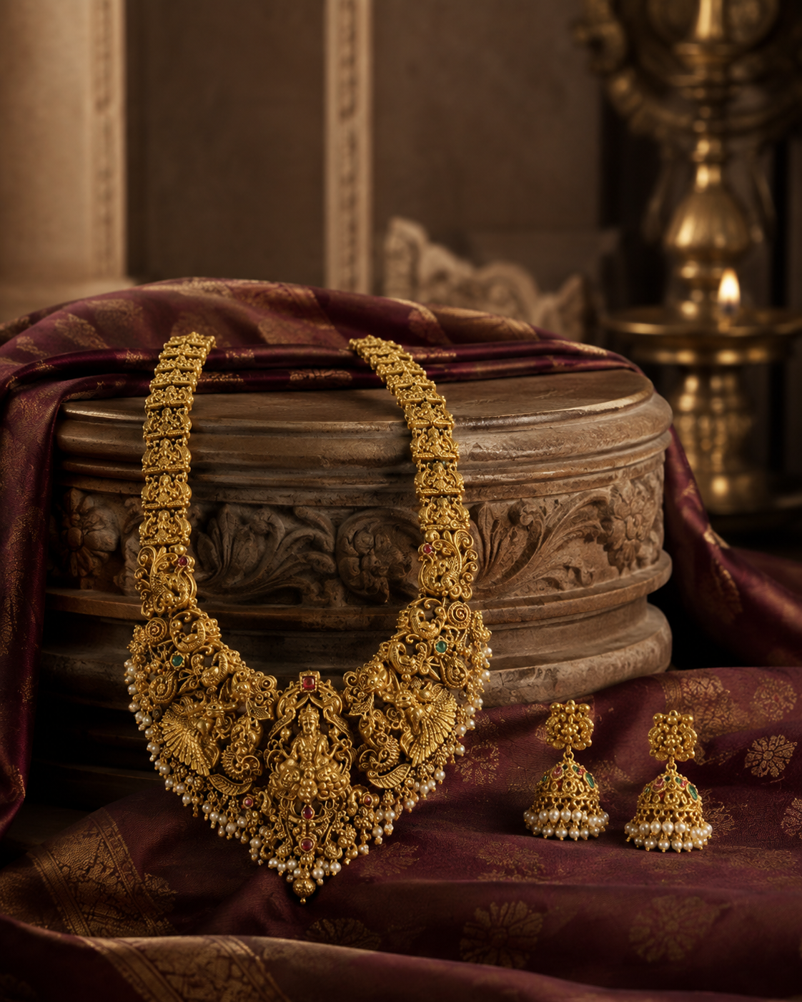 Lakshmi Devi Temple Long Gold Plated Necklace Set