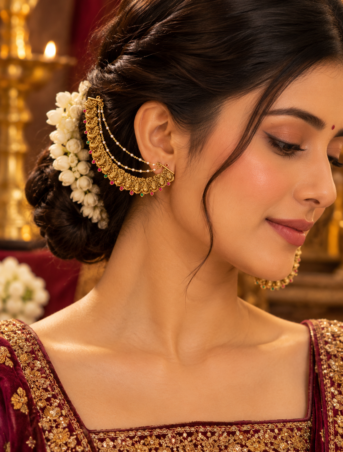 Traditional Gold Finish Mattal Earrings Chain