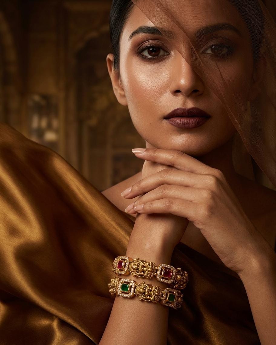 Gold Plated Green Pink Stone Temple Design Bangle