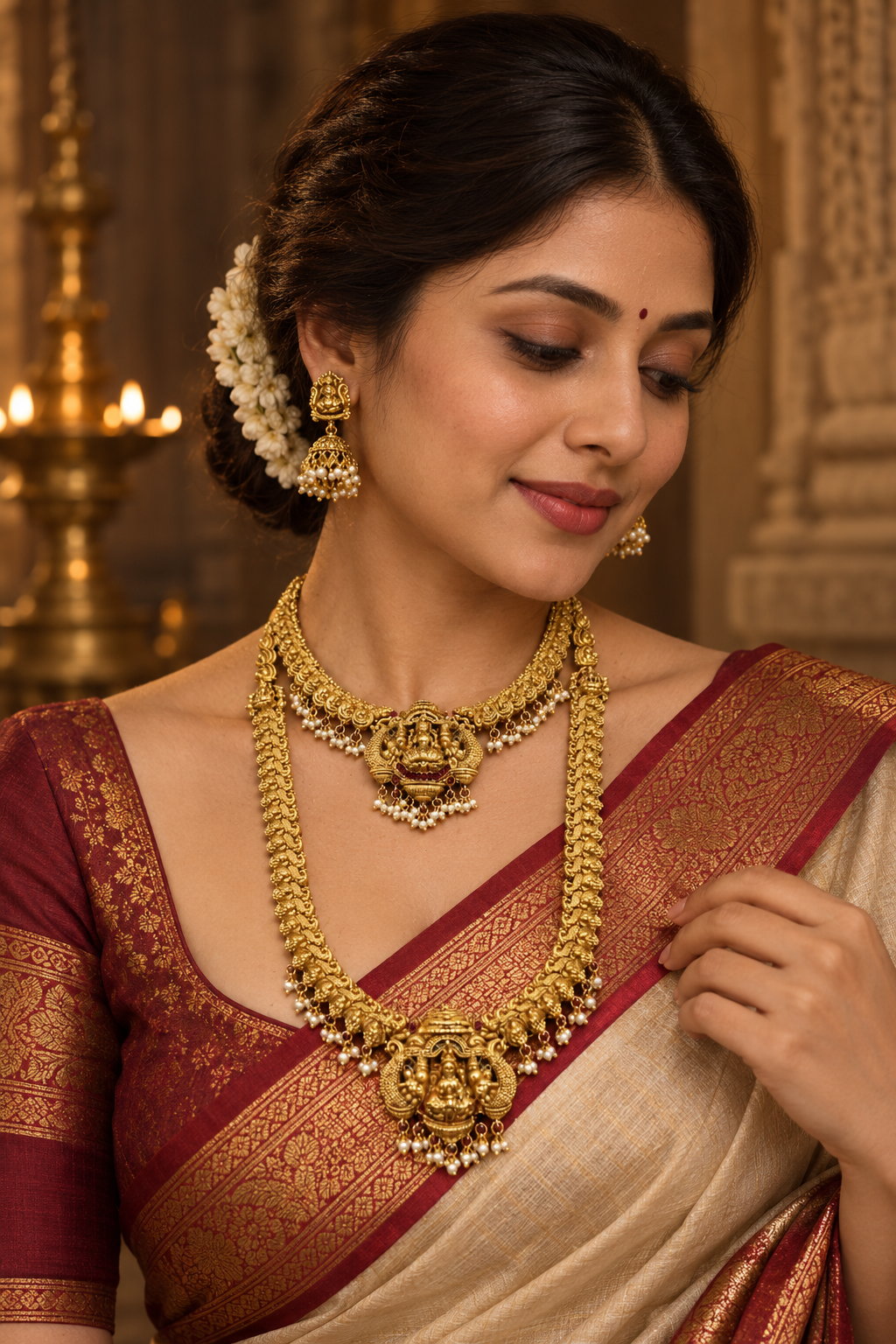 Lakshmi Devi Gold Plated Choker and Long Haram Set