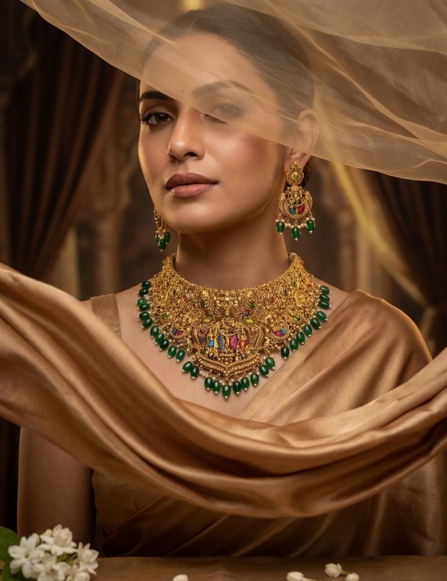 Gold Plated Green Bead Traditional Necklace Set