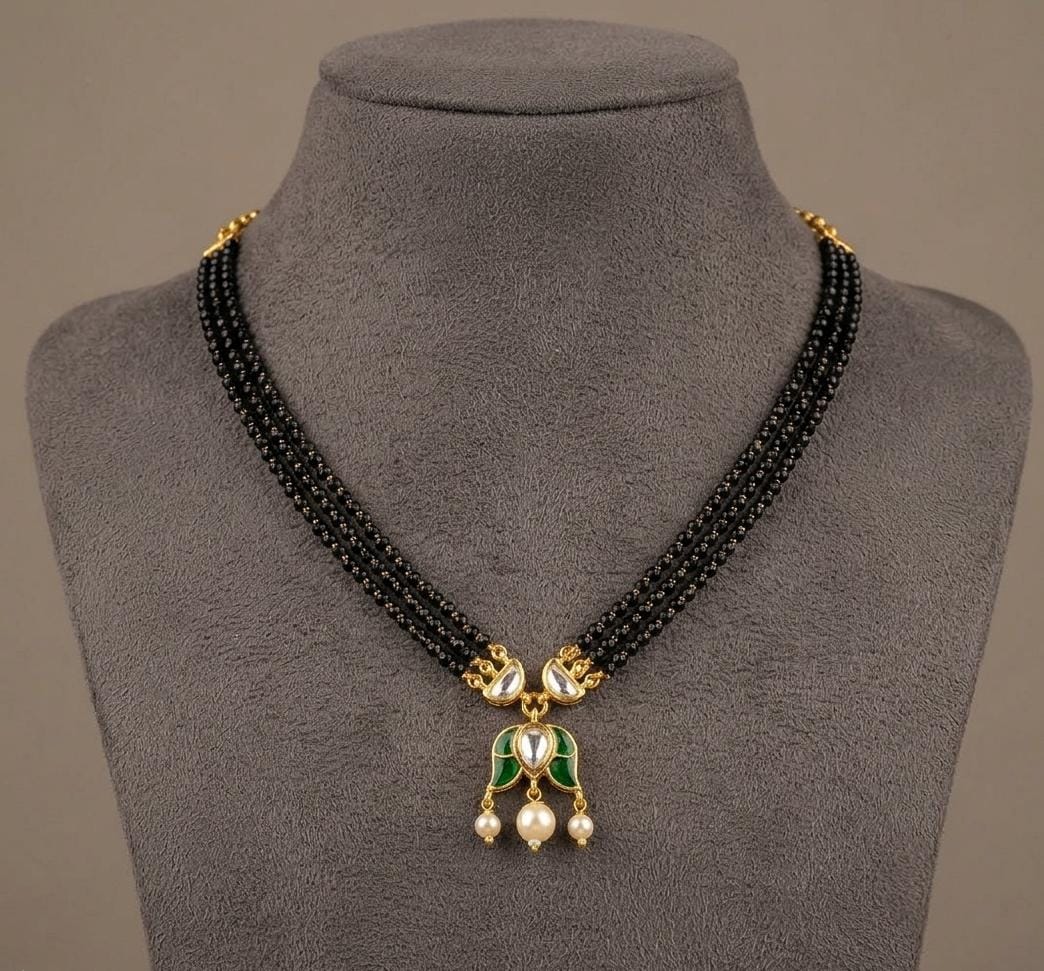 Gold Finish Black Bead Green White Stone Mangalsutra