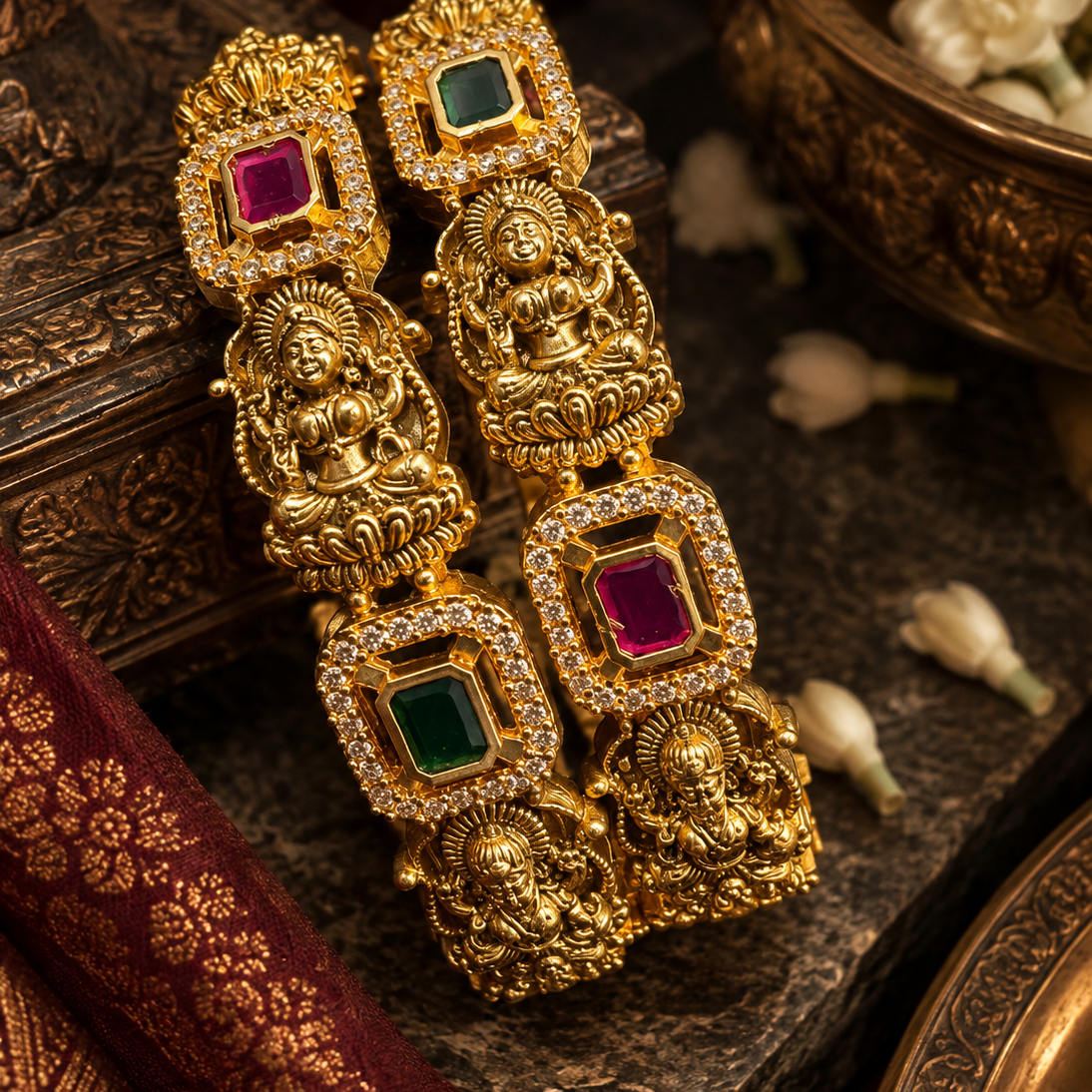 Gold Plated Green Pink Stone Temple Design Bangle