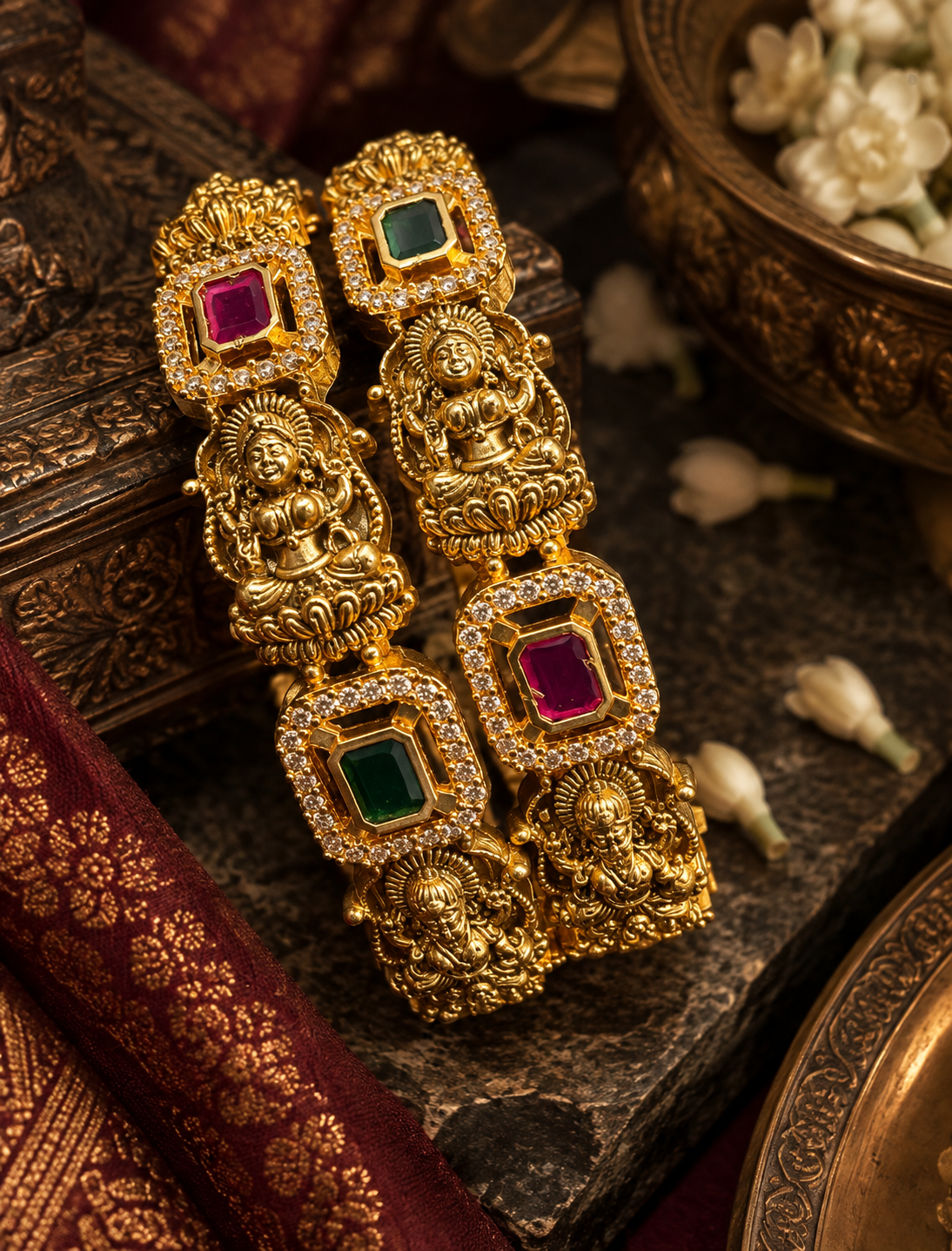 Gold Plated Green Pink Stone Temple Design Bangle