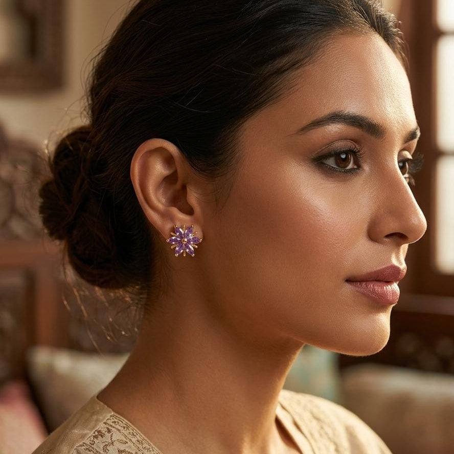 Purple Crystal Flower Stud Earrings