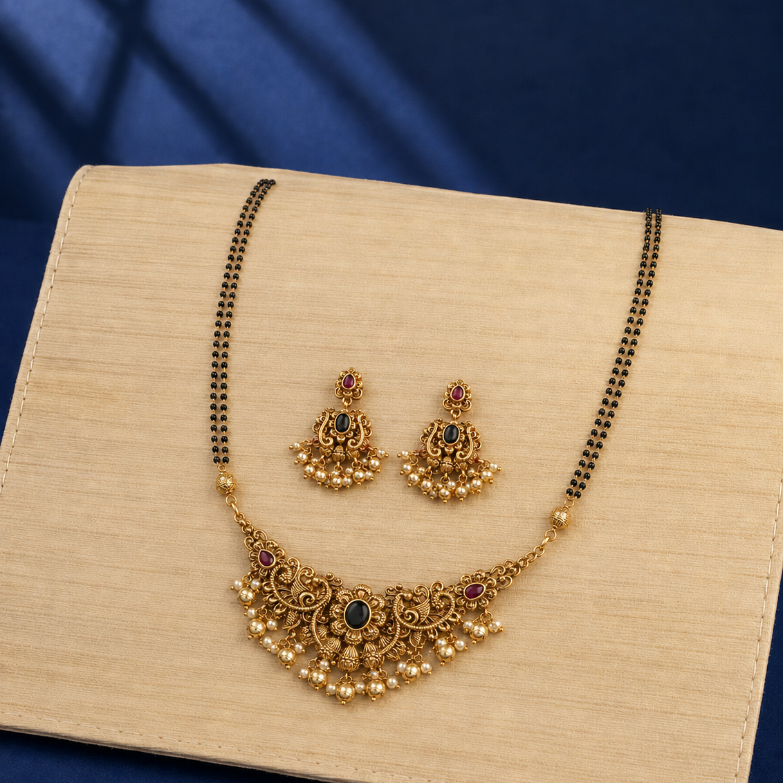 Green Stone Gold Plated Pendant Black Bead Mangalsutra