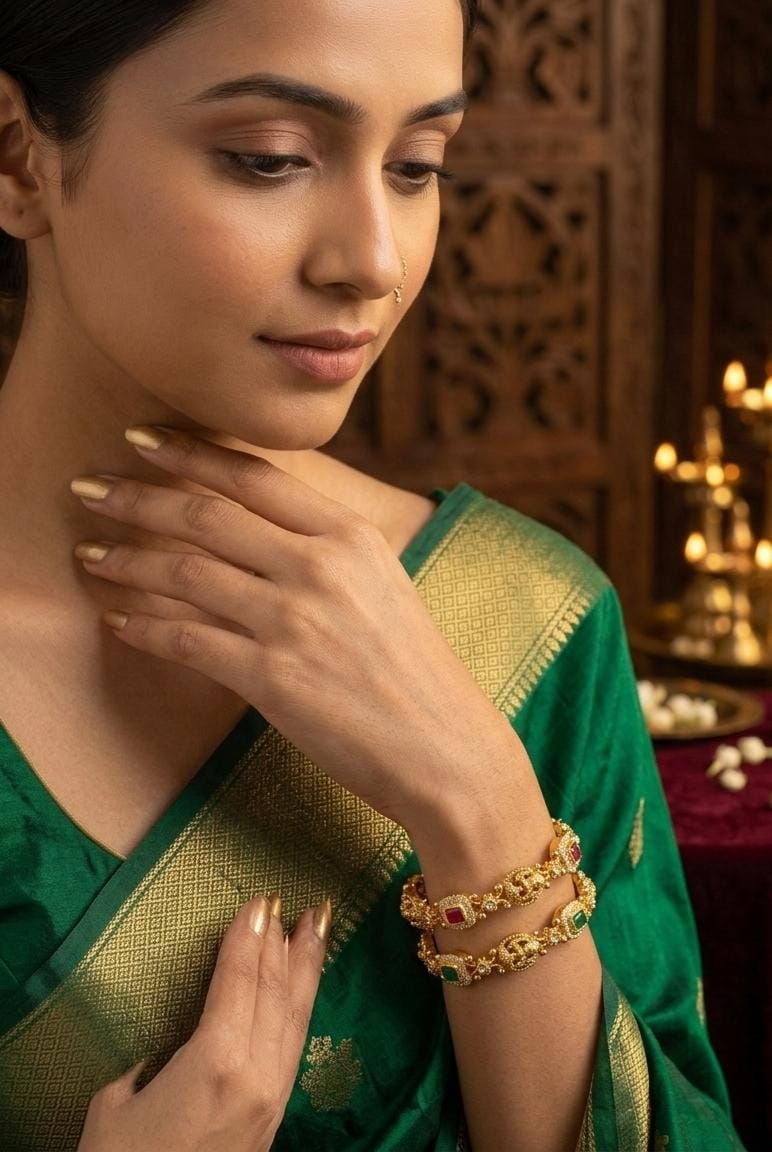 Pink Green Stone Traditional Bangle Set