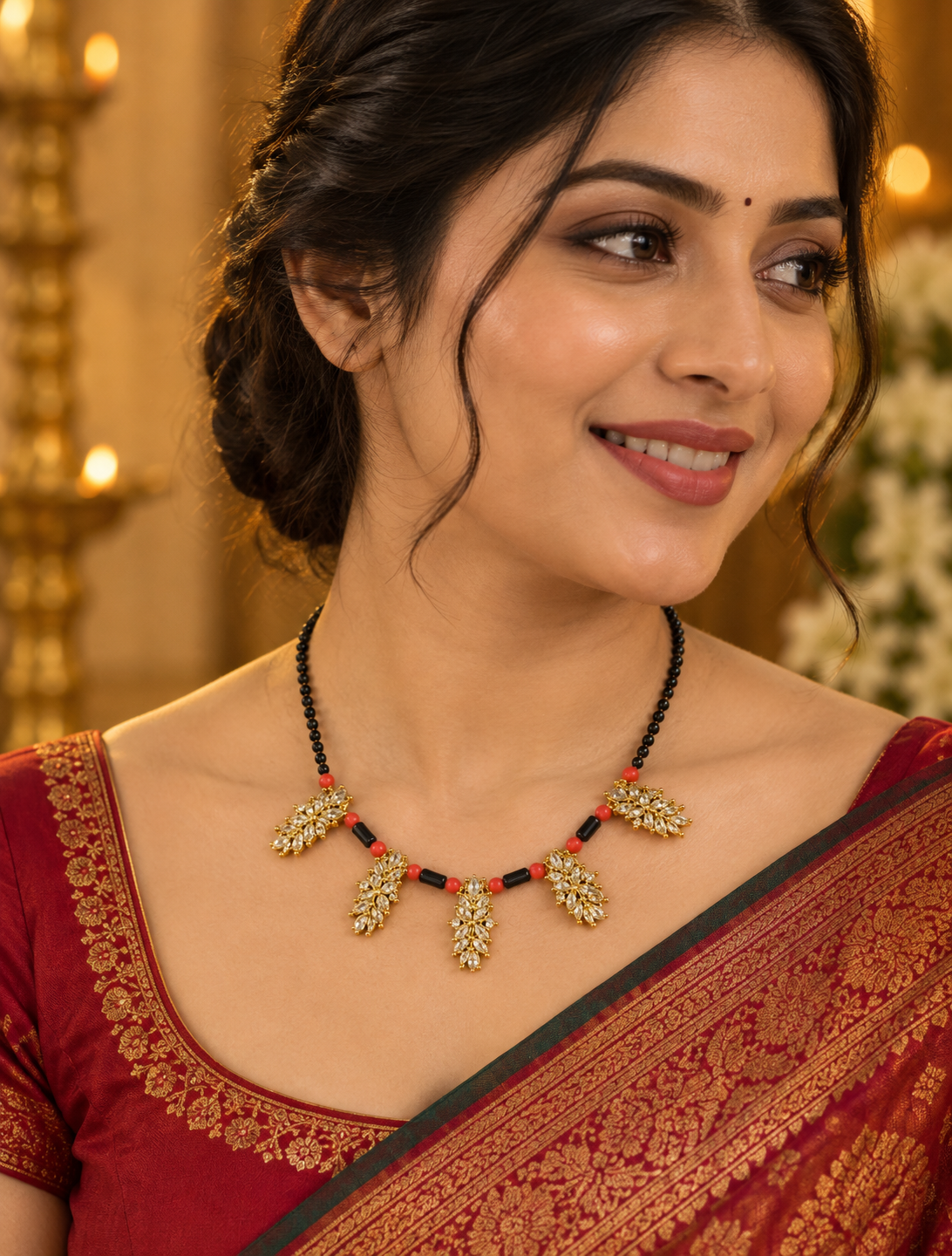 Red Accent Floral Black Bead Mangalsutra
