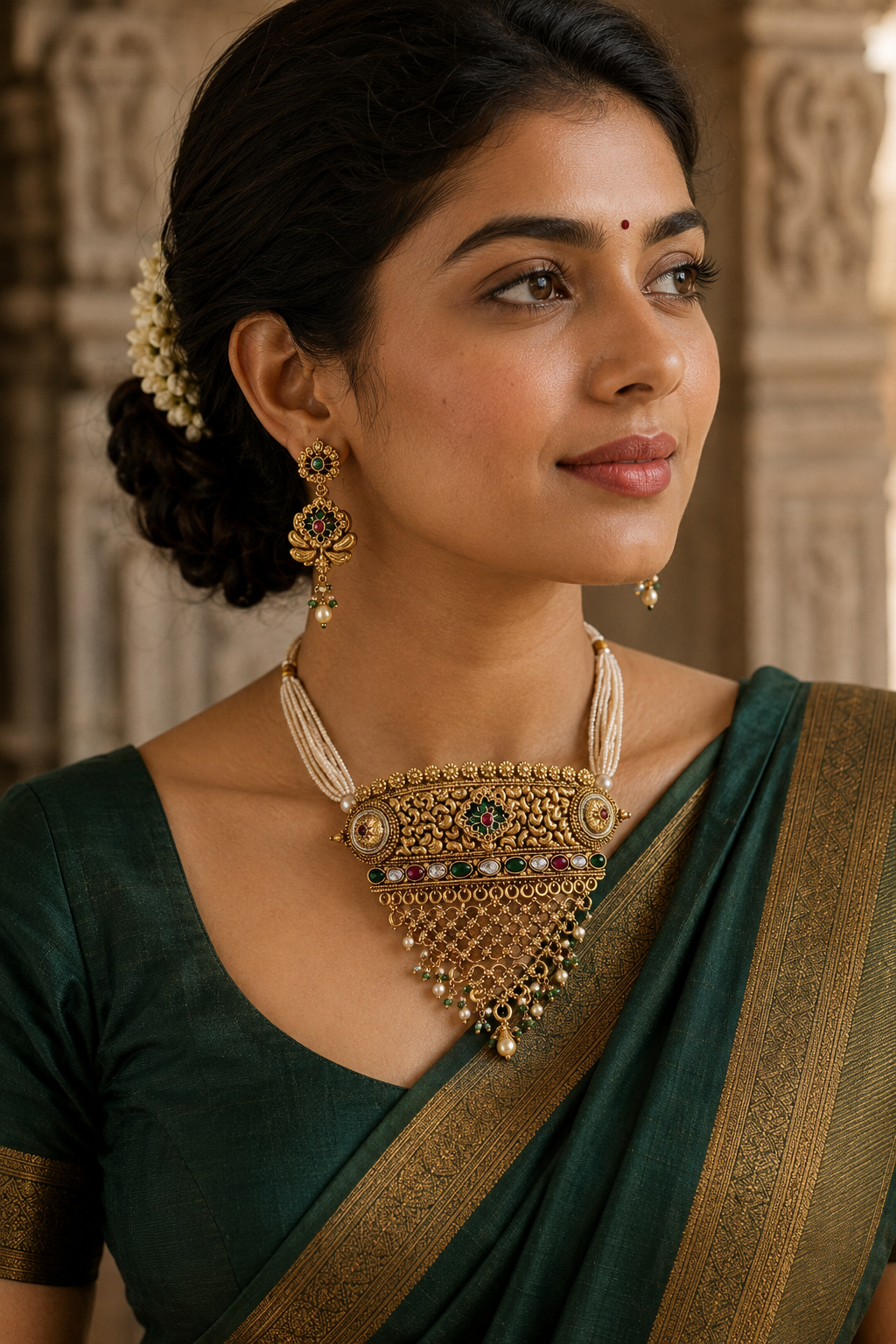 Rajwadi Floral Pearl Choker with Green Bead Drops
