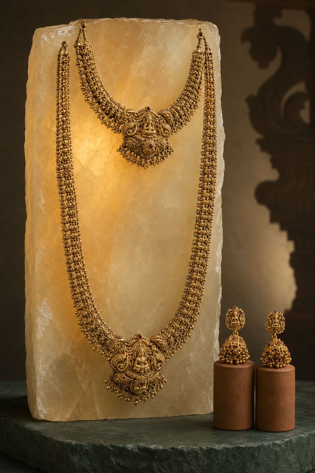 Lakshmi Devi Layered Gold Plated Necklace Set with Earrings