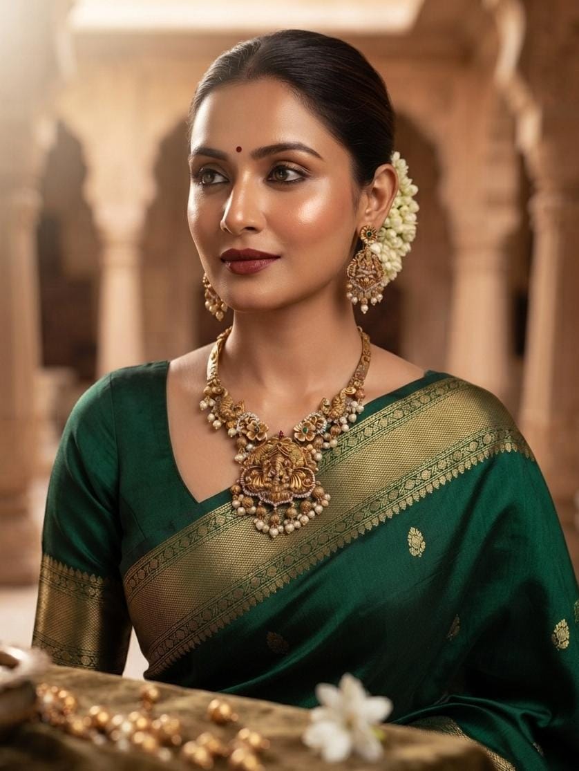 Gold Finish Lakshmi Floral Necklace Set with Earrings