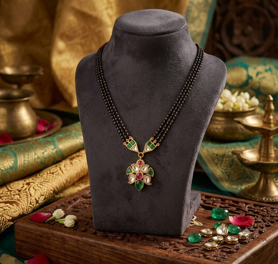 Gold Finish Black Bead Green Pink Drop Pendant Mangalsutra