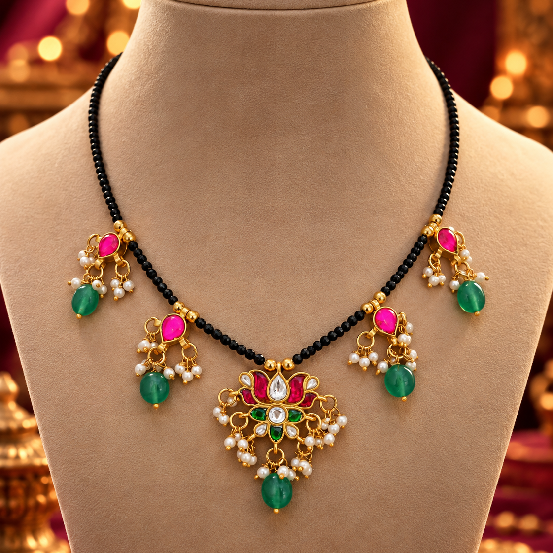 Multicolour Floral Black Bead Mangalsutra