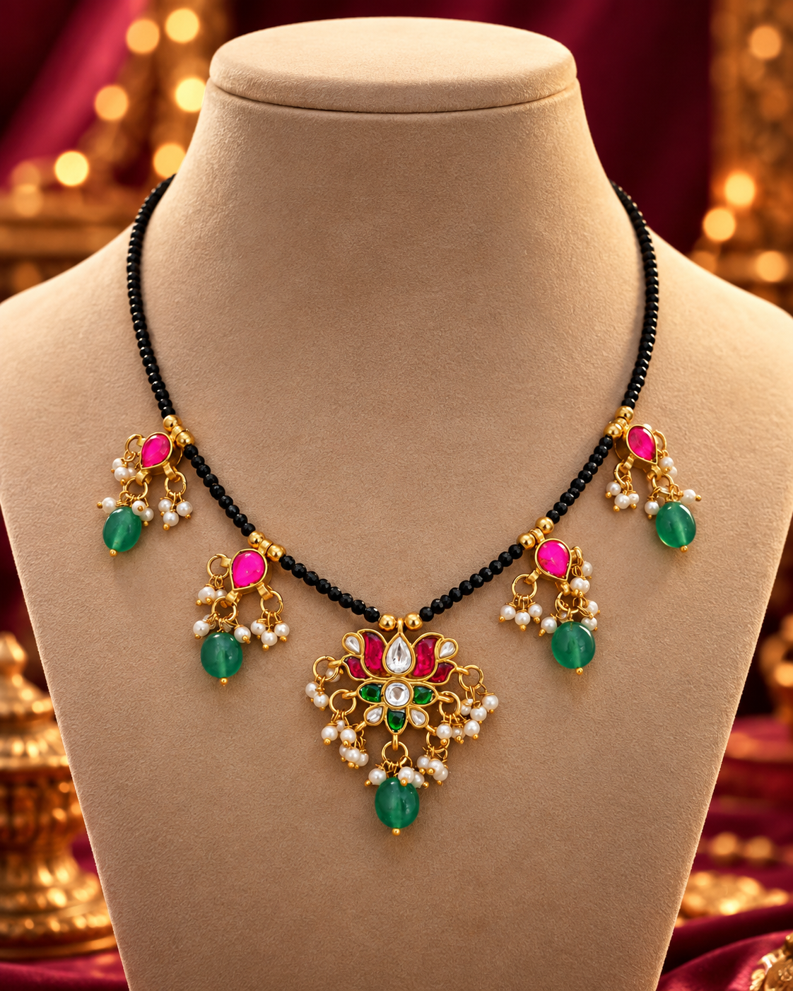 Multicolour Floral Black Bead Mangalsutra