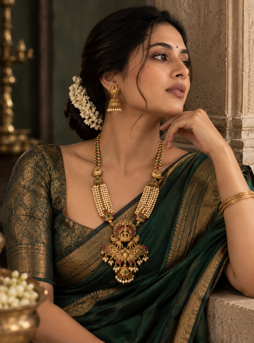 Pearl Beaded Strand Lakshmi Devi Gold Plated Necklace Set