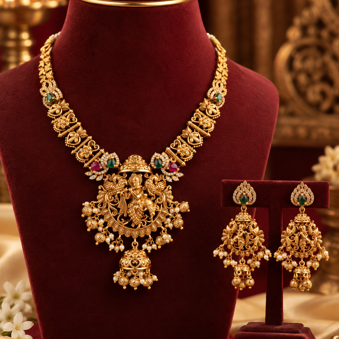 Gold Finish Krishna Motif Temple Necklace Set with Earrings