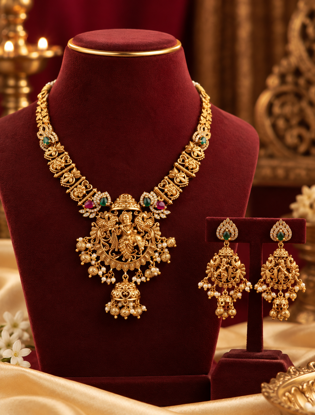 Gold Finish Krishna Motif Temple Necklace Set with Earrings
