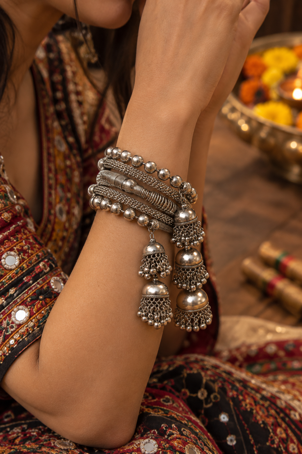 Oxidised Multi Row Bangle Set