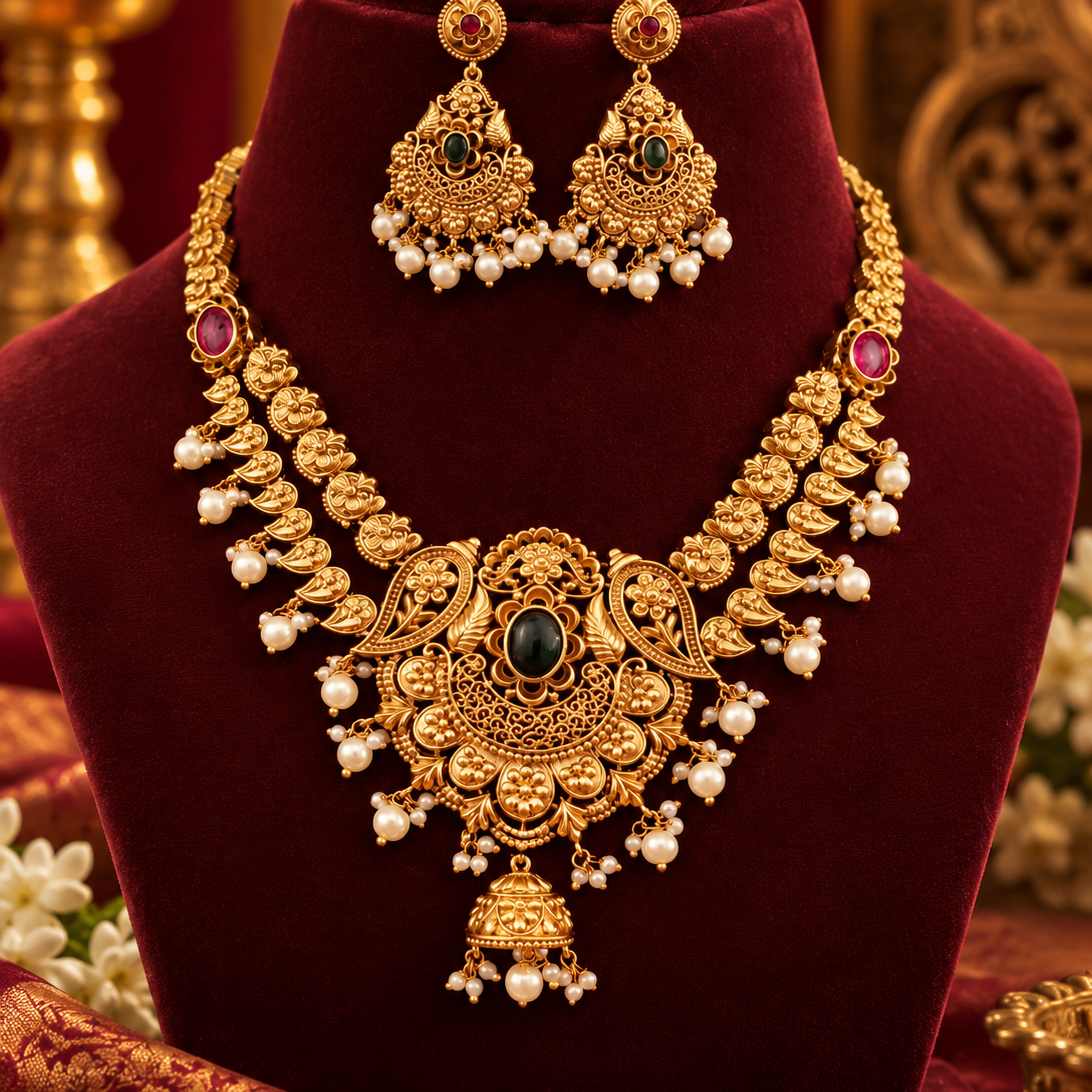 Gold Finish Floral Pendant Necklace Set with Earrings