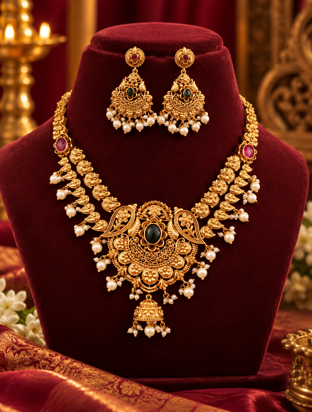 Gold Finish Floral Pendant Necklace Set with Earrings