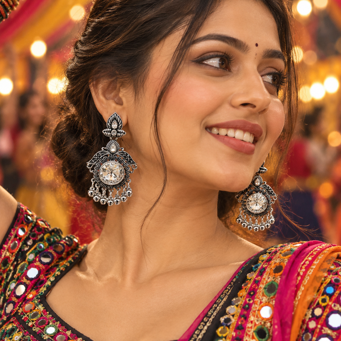 Oxidised Round Stone Jhumka Earrings