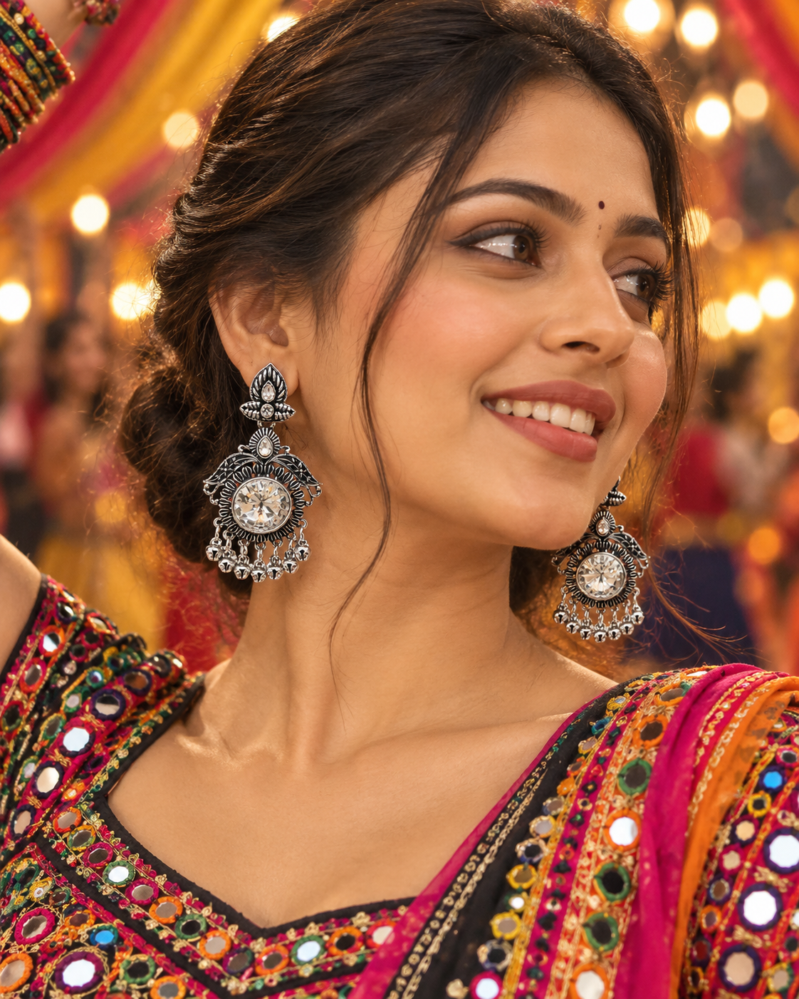 Oxidised Round Stone Jhumka Earrings