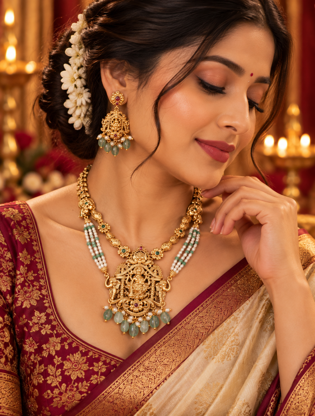 Gold Finish Lakshmi Motif Temple Necklace Set with Earrings