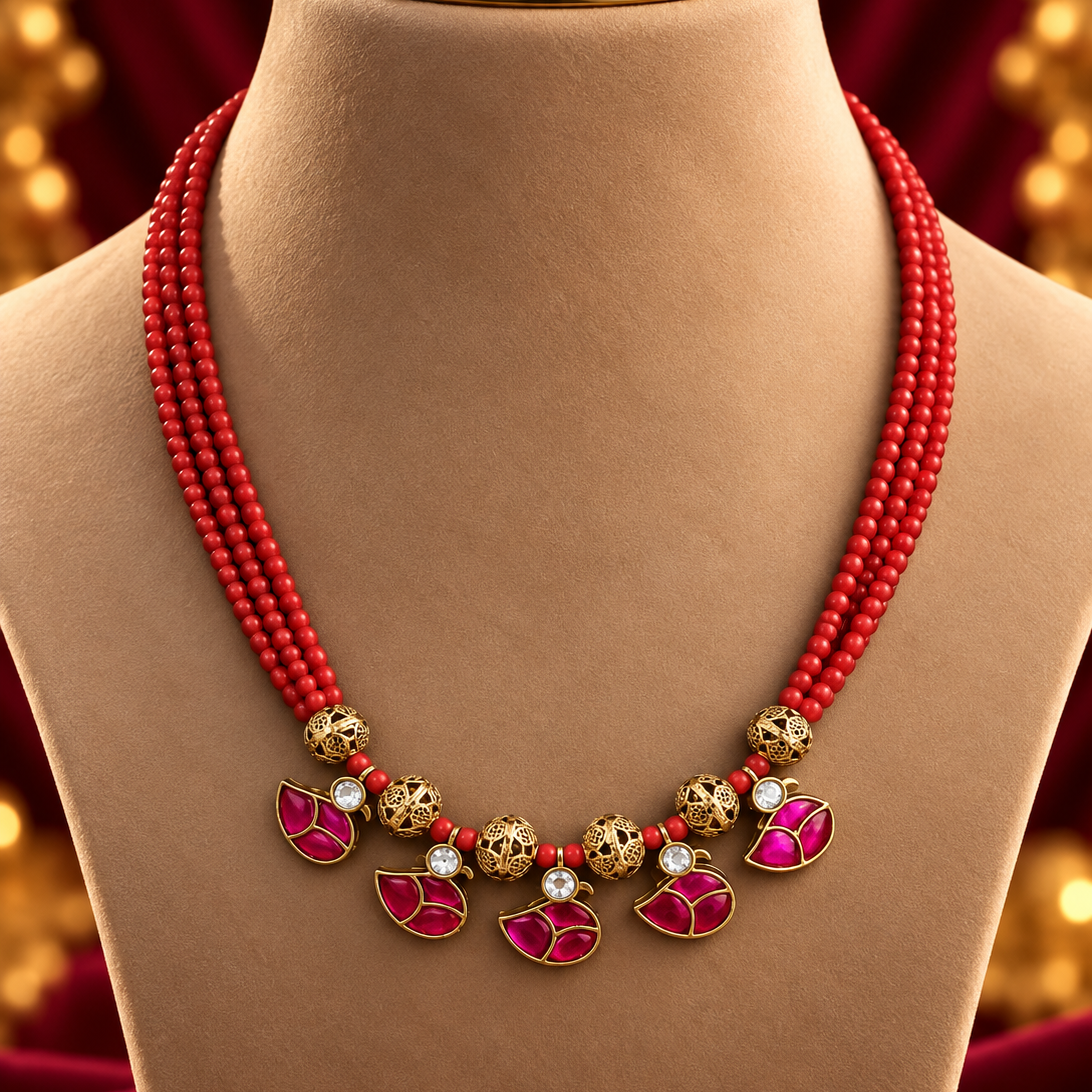 Pink Leaf Red Bead Mangalsutra
