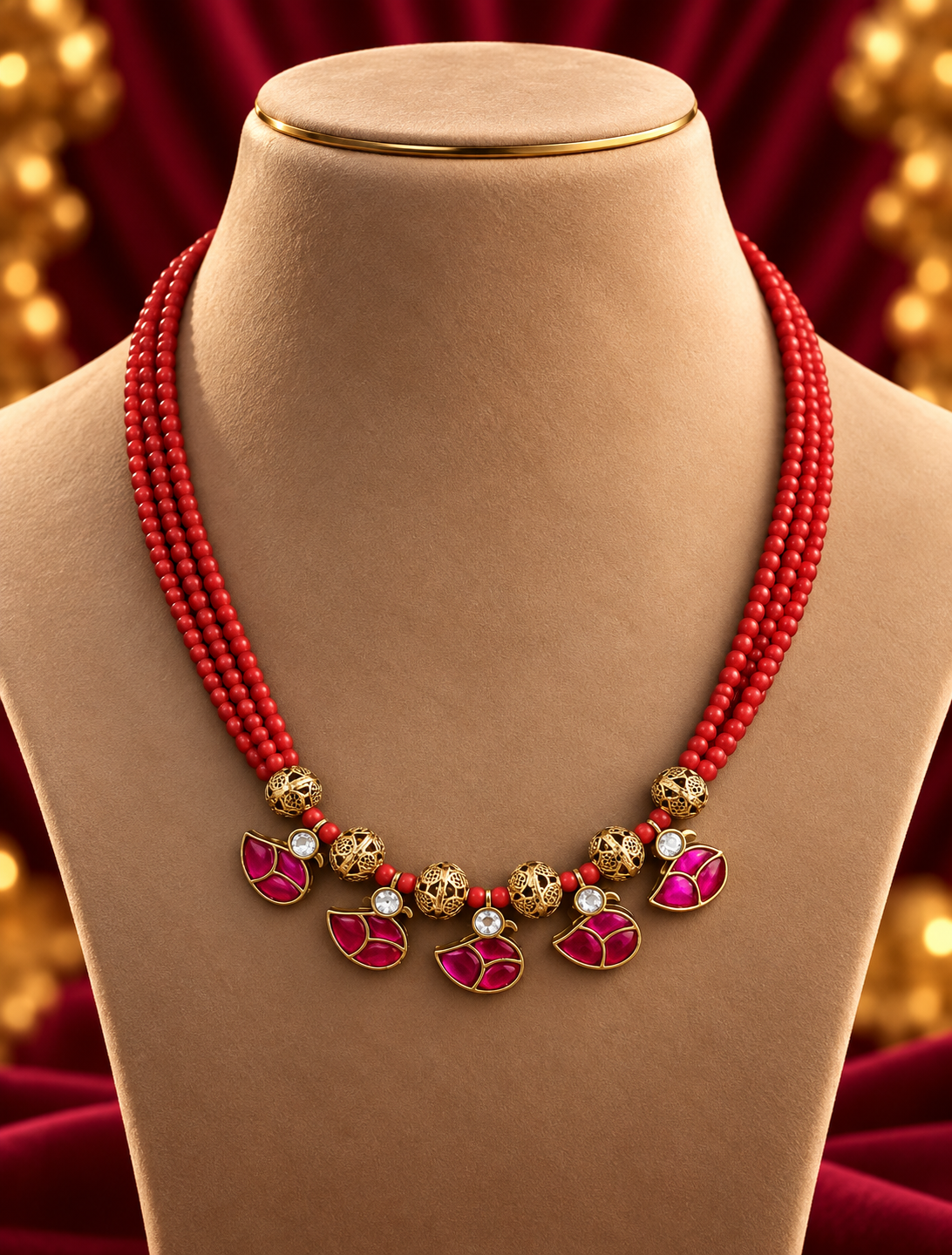 Pink Leaf Red Bead Mangalsutra