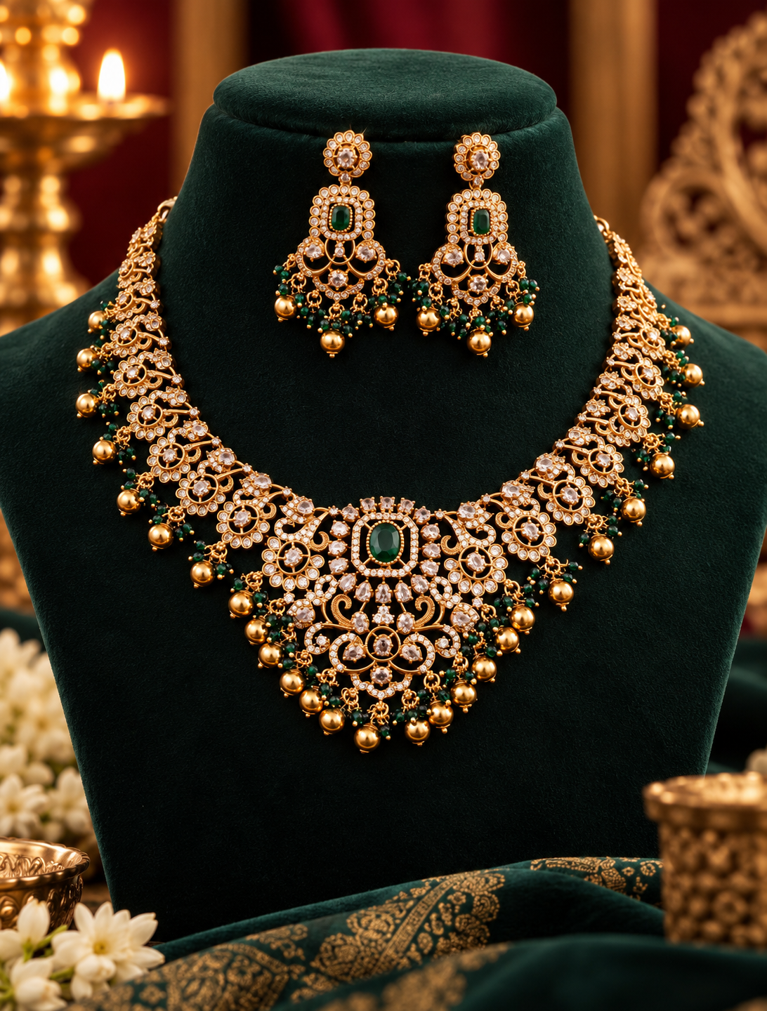 Gold Finish Emerald Antique Choker Necklace Set