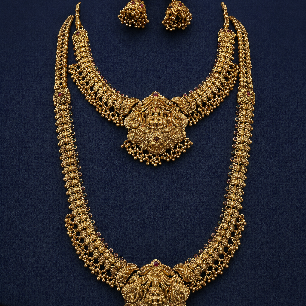 Lakshmi Devi Layered Gold Plated Necklace Set with Earrings