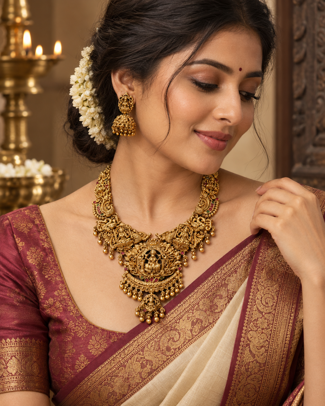 Lakshmi Devi Peacock Statement Gold Plated Necklace Set