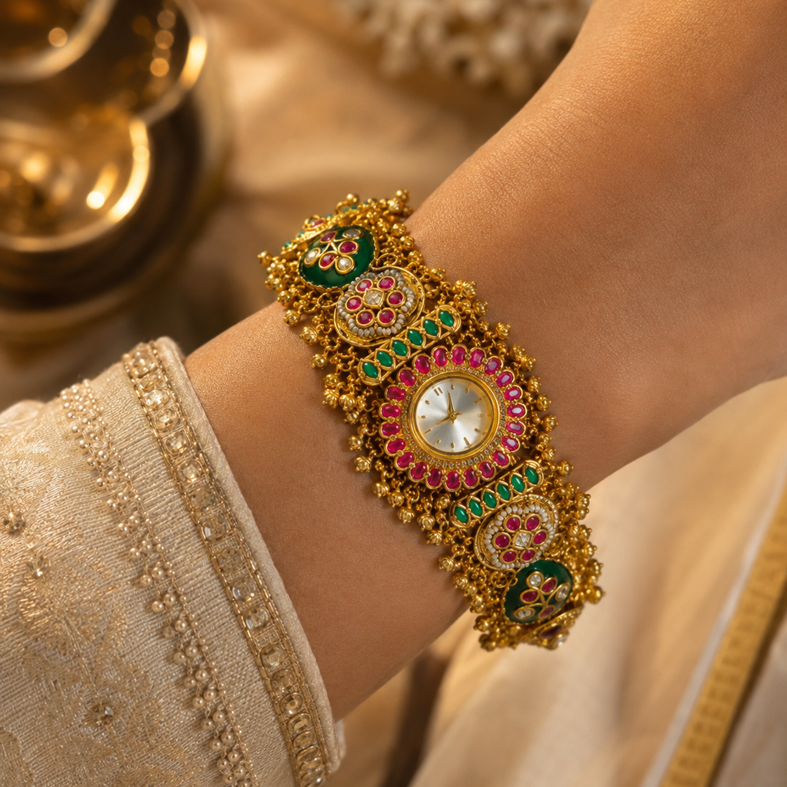 Rajwadi Multicolour Kundan Floral Watch
