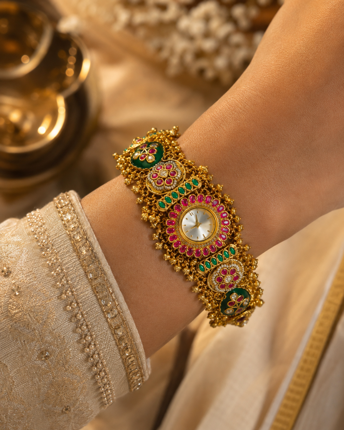 Rajwadi Multicolour Kundan Floral Watch