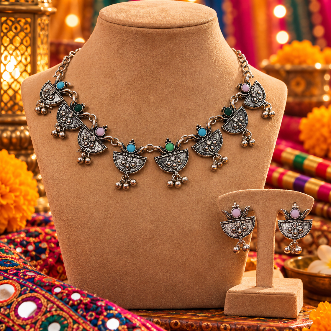 Pink Green Floral Oxidised Necklace Set