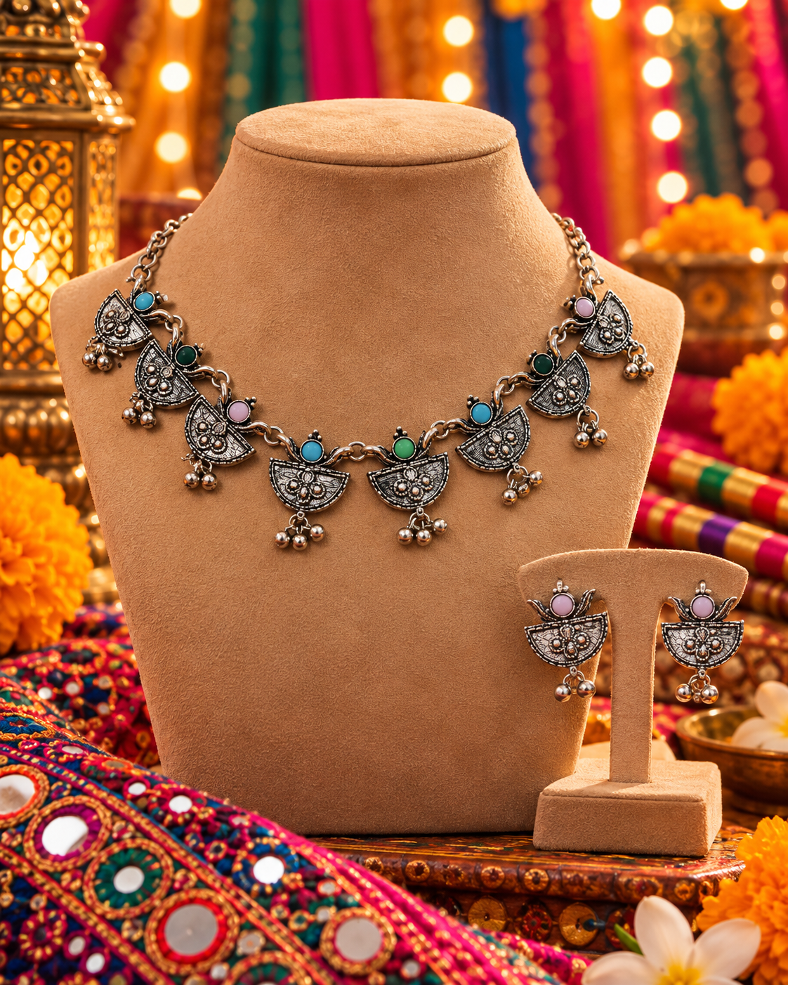 Pink Green Floral Oxidised Necklace Set