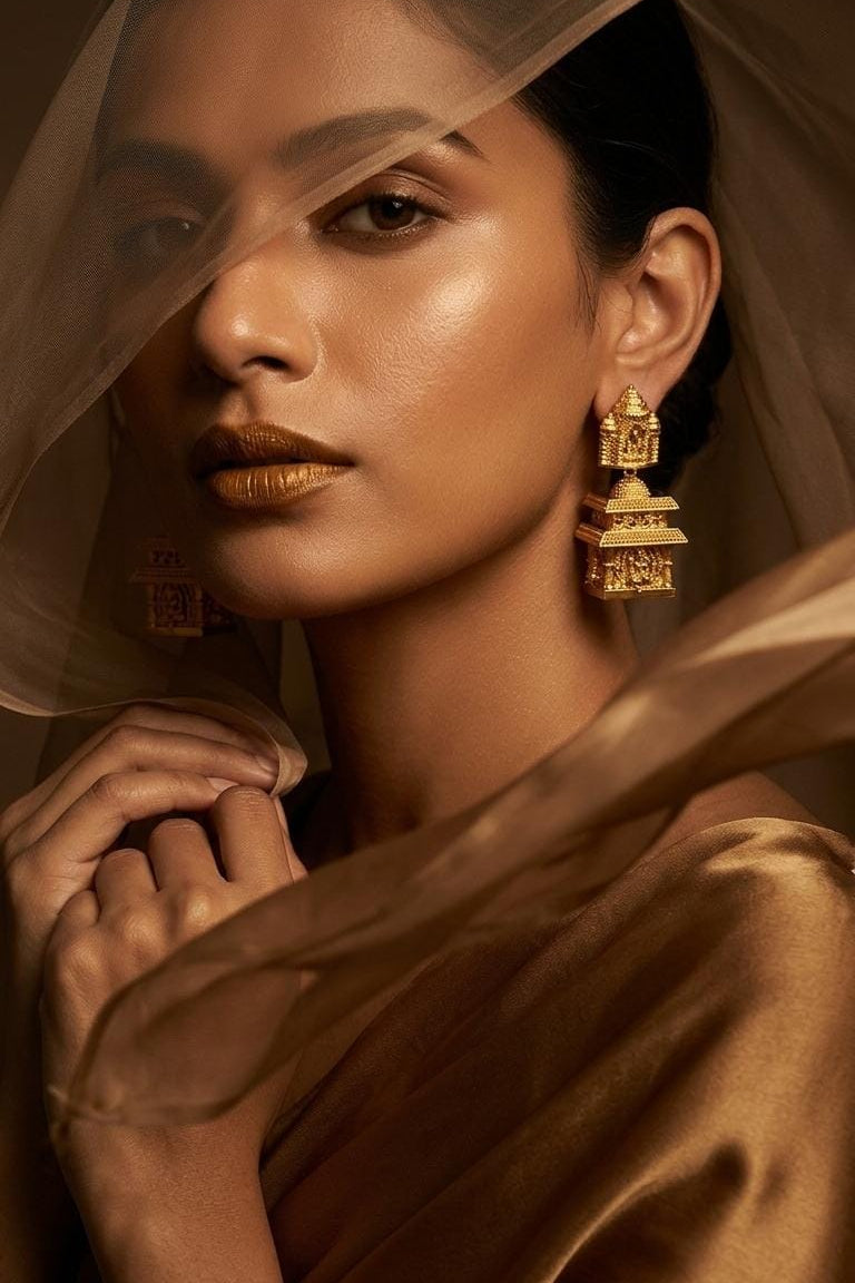 Gold Finish Temple Motif Long Drop Earrings