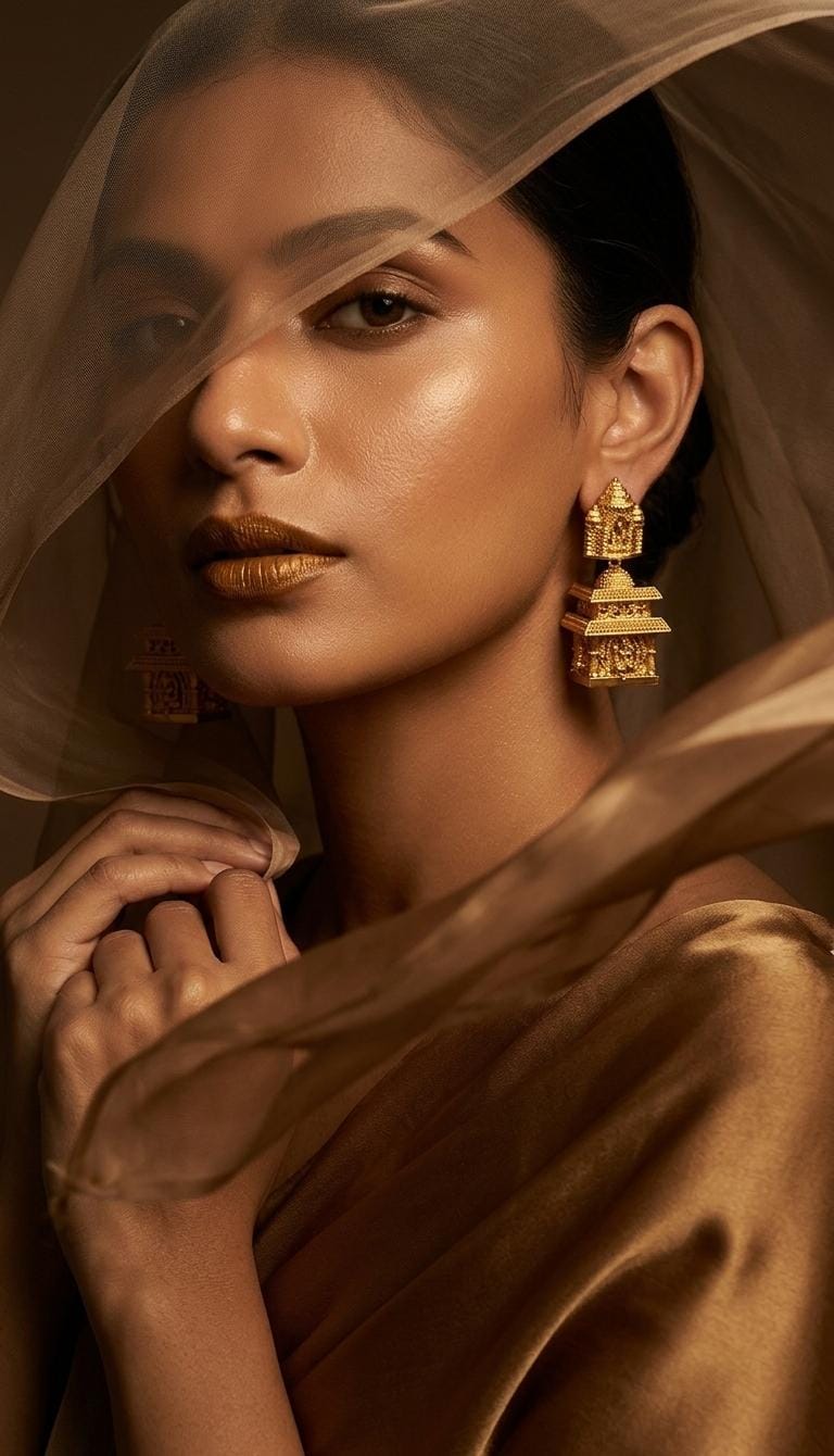 Gold Finish Temple Motif Long Drop Earrings