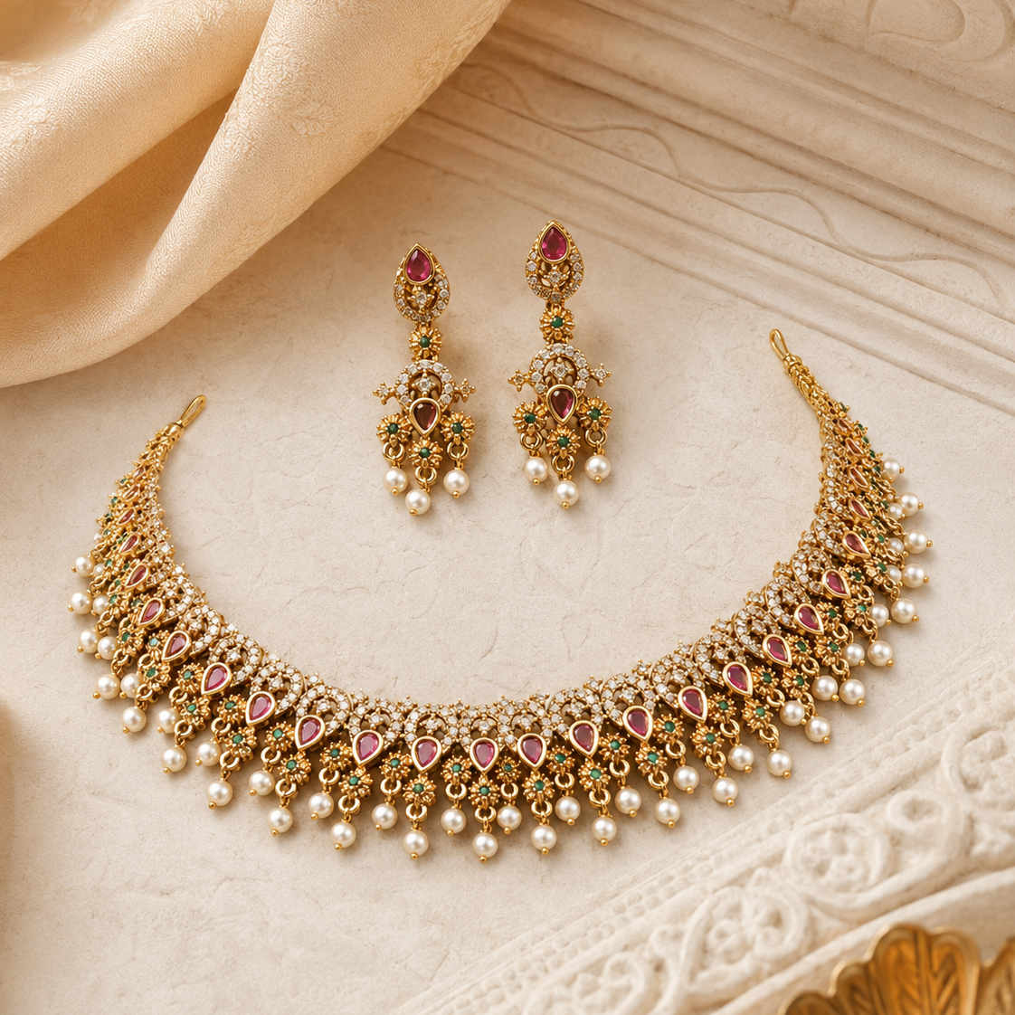 Red Stone Kundan Gold Plated Necklace Set with Earrings