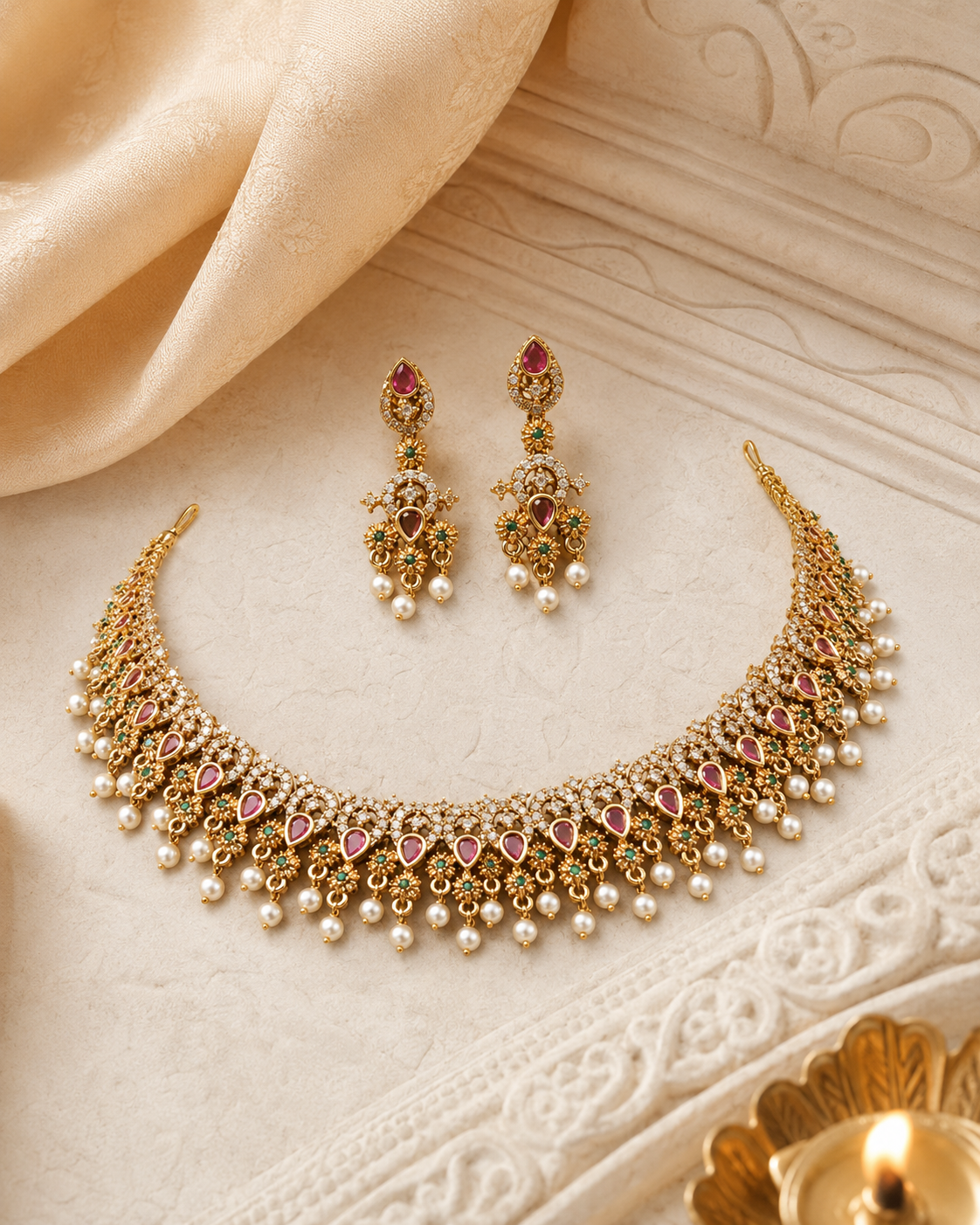Red Stone Kundan Gold Plated Necklace Set with Earrings
