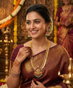 Long Gold Plated Temple Necklace with Goddess Pendant & Jhumkas